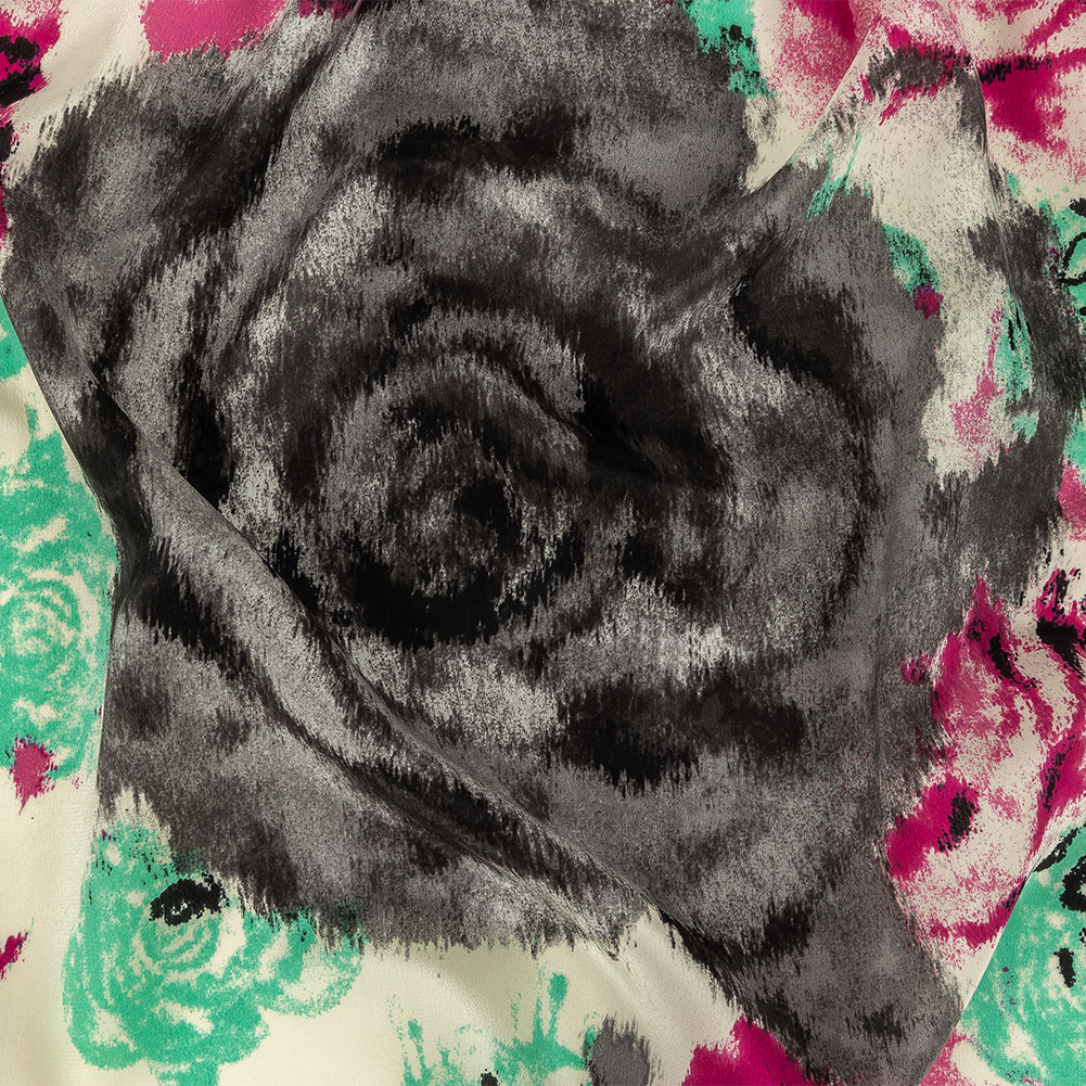 Pink, Electric Green and Flannel Gray Painterly Roses Silk Crepe de Chine