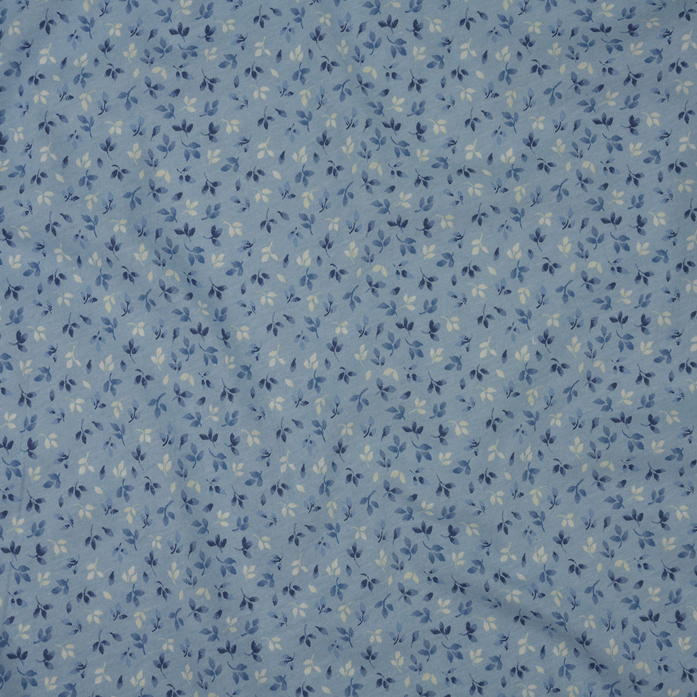 Baby Blue, Dusk Blue and White Little Leaves Cotton Jersey
