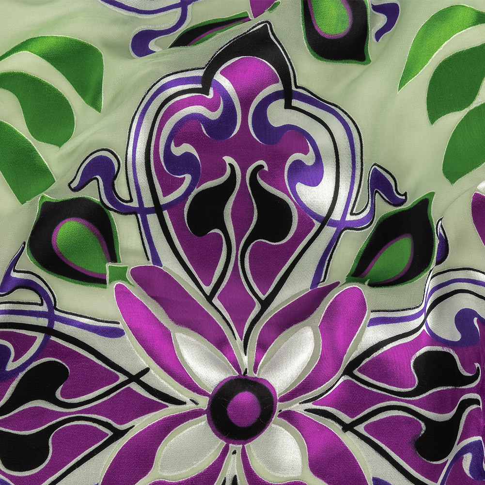 Mint, Purple and Blue Graphite Floral Silk and Rayon Burnout