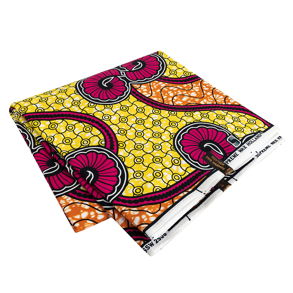 Pink, Lemon and Orange Spirals and Abstract Cotton Supreme Super Wax African Print