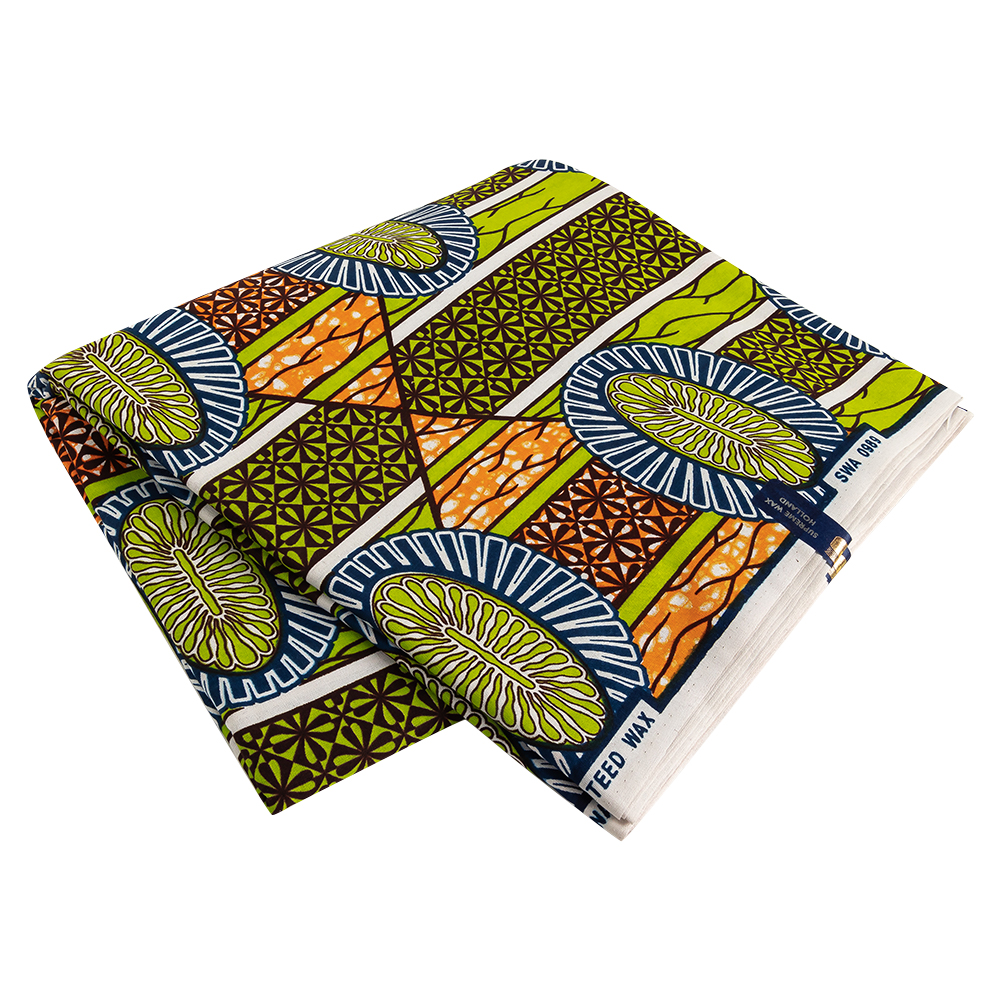 Lime, Estate Blue and Orange Striped Floral Cotton Supreme Wax African Print