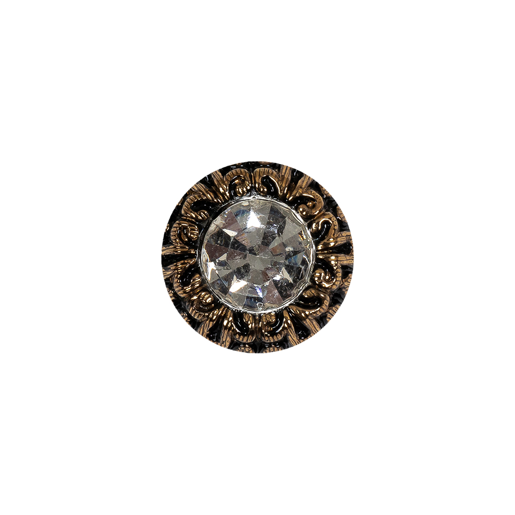Vintage Antique Gold and Black Classical Shank Back Glass Button with Rhinestone Core - 22L/14mm