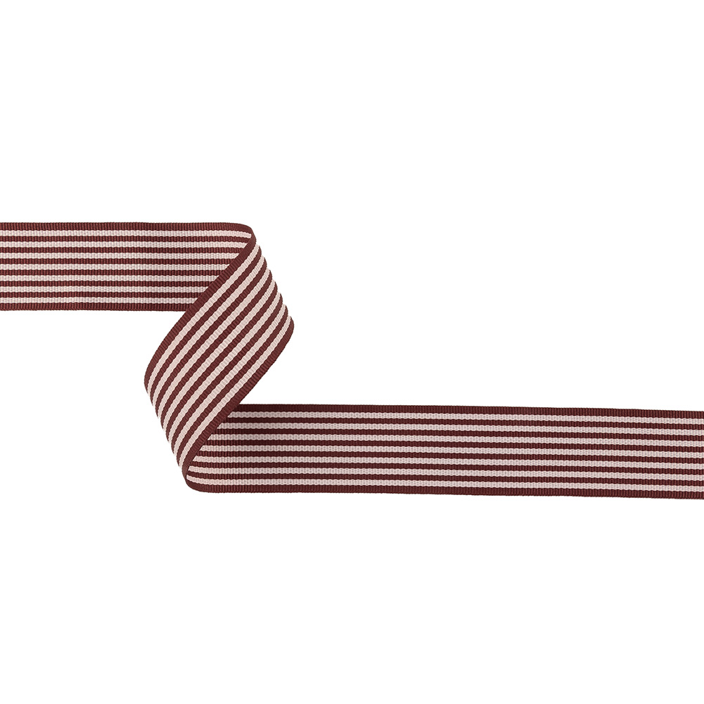 Burgundy and Off White Striped Grosgrain Ribbon - 1