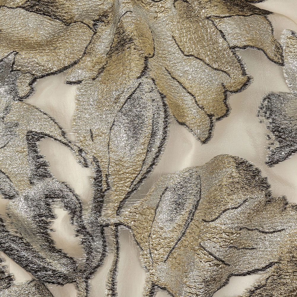 Metallic Silver and Gold Oversized Flowers Luxury Burnout Brocade