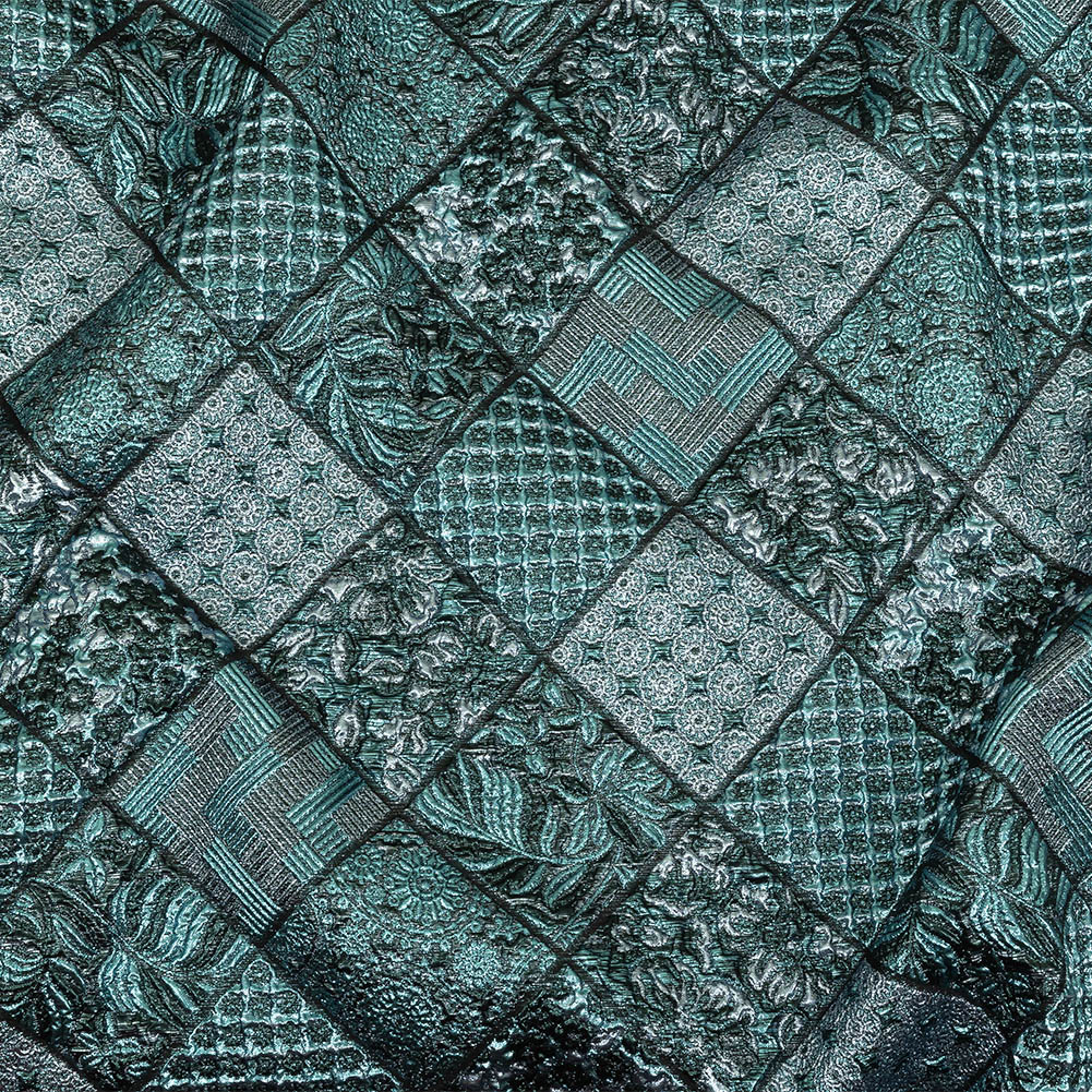 Metallic Turquoise, Powder Blue and Evergreen Patchwork Squares Luxury Brocade