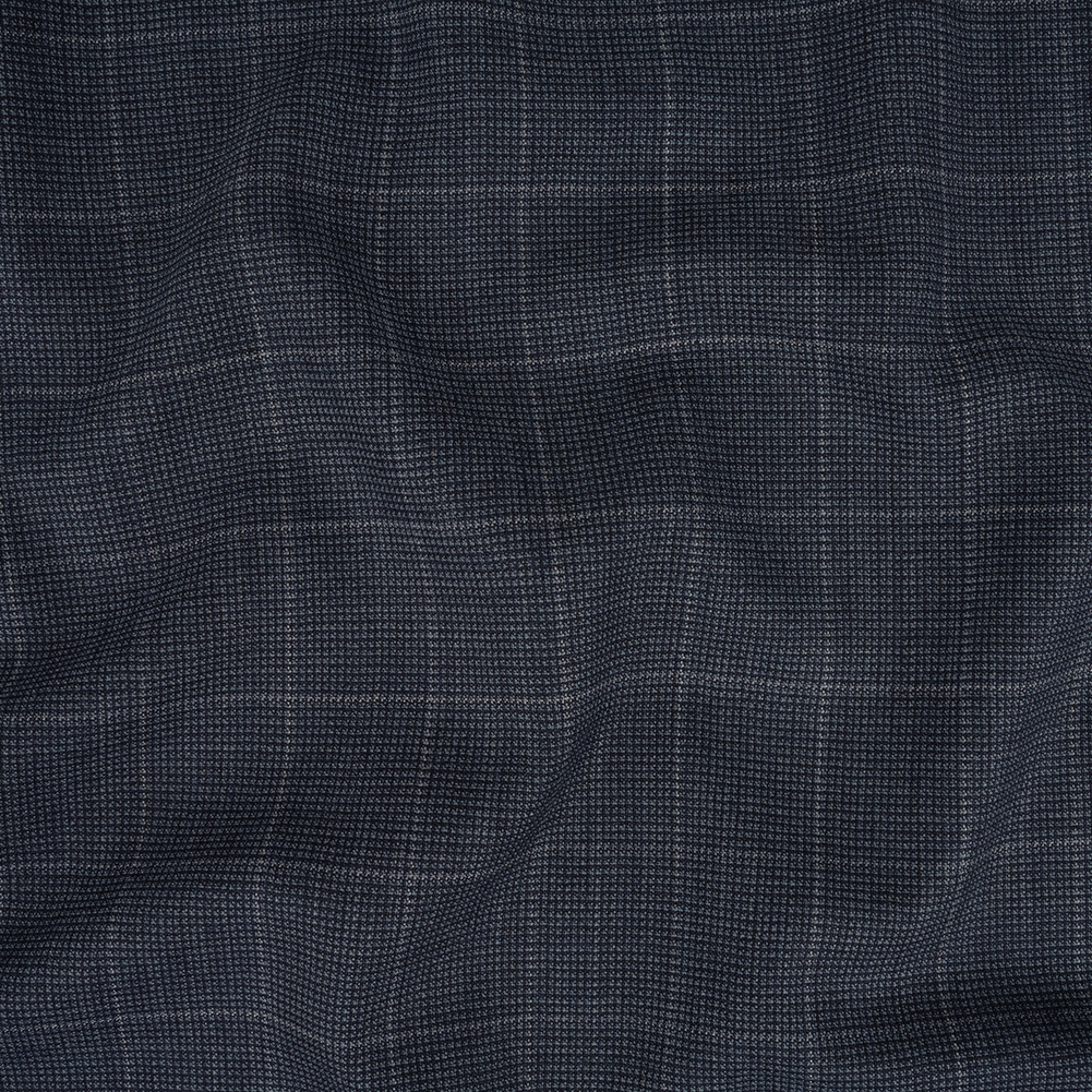Italian Navy and Blue Windowpane Check Wool Suiting