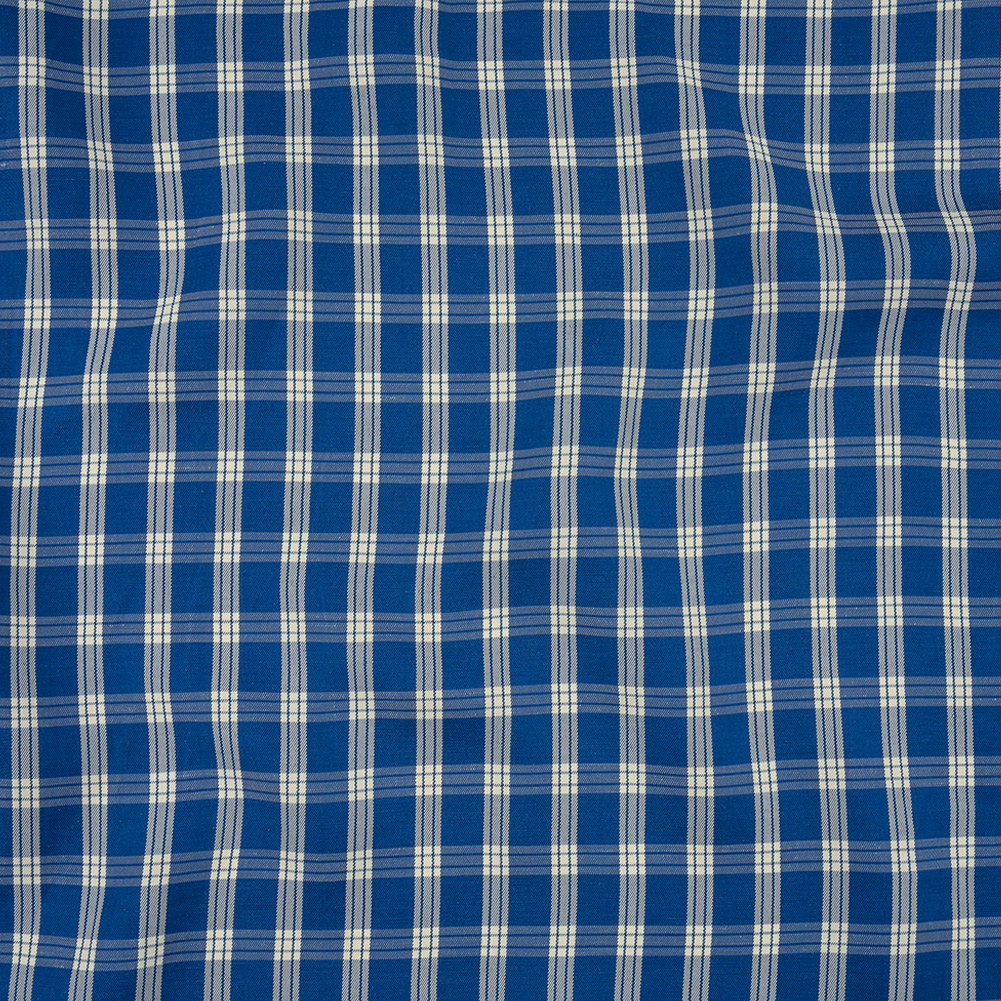 Famous Designer Italian Blue and White Plaid Viscose and Linen Woven
