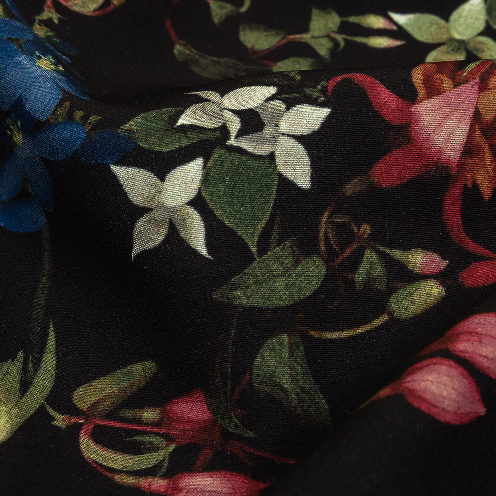 Italian Caviar, Pink and Navy Peony Floral Stretch Polyester Twill - Detail