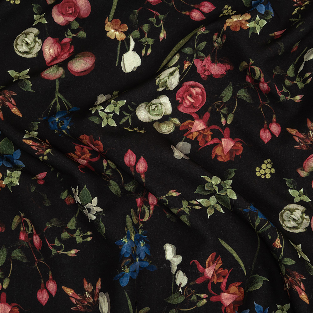 Italian Caviar, Pink and Navy Peony Floral Stretch Polyester Twill