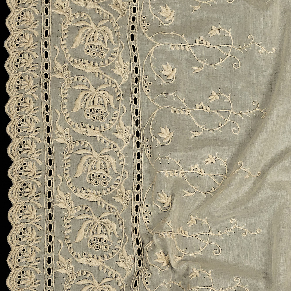 Buttercream Floral Embroidered and Eyelet Borders Cotton Voile with Finished Scalloped Edges