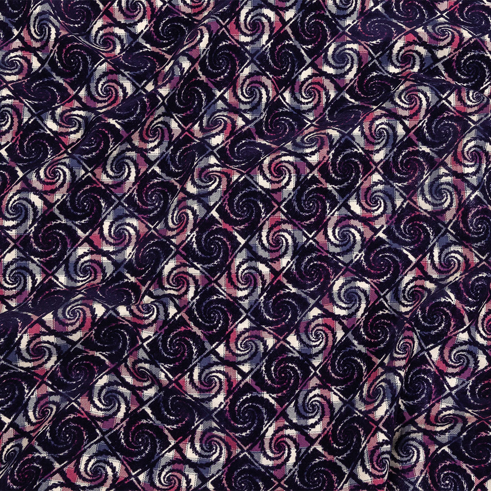 Navy Flocked Spirals in Squares on Pink, Blue and Silver Gray Checkered Cotton Twill