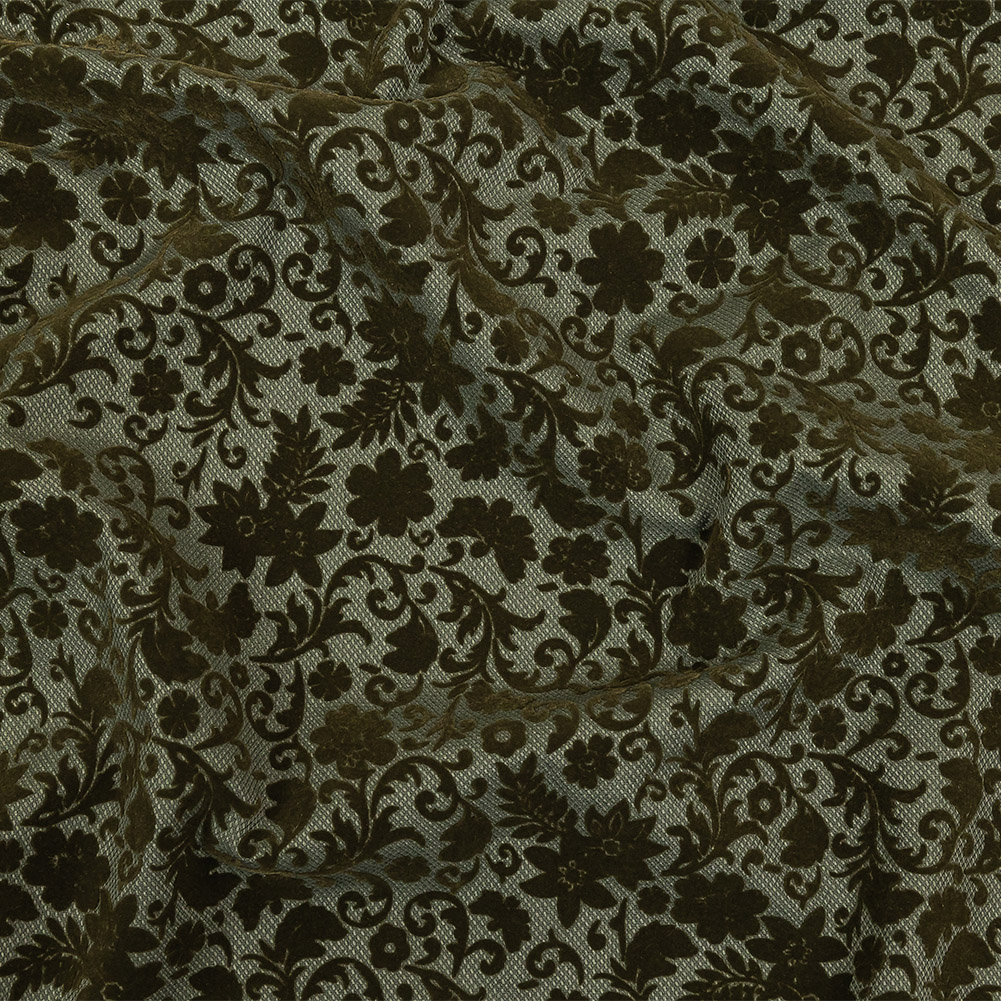 Olive Flocked Classical Florals on Diamond Cotton and Polyester Dobby