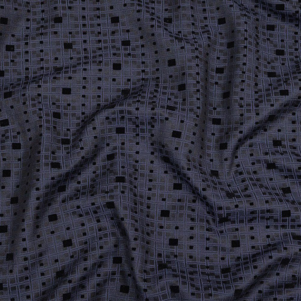 Navy Flocked Squares on Two-Tone Navy Geometric Cotton and Polyester Jacquard
