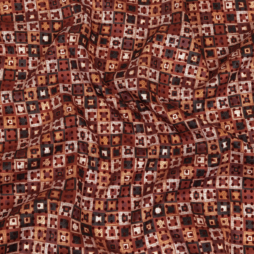 Burgundy Flocked Polka Dots on Russet Brown, Yellow and Black Bean Squares Stretch Cotton Twill