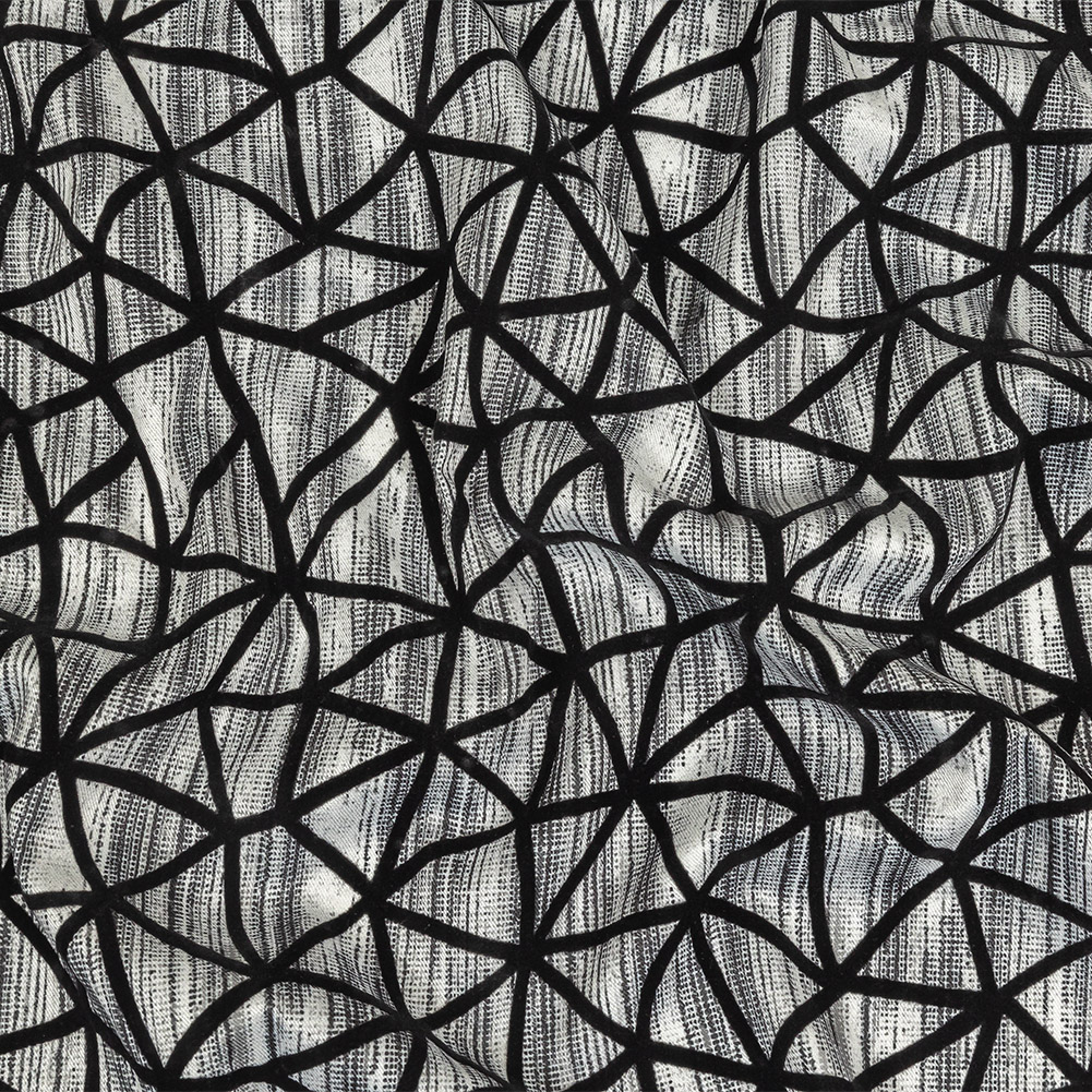 Black Flocked Geometric Web on Gray and White Distressed Stripes Stretch Cotton Twill