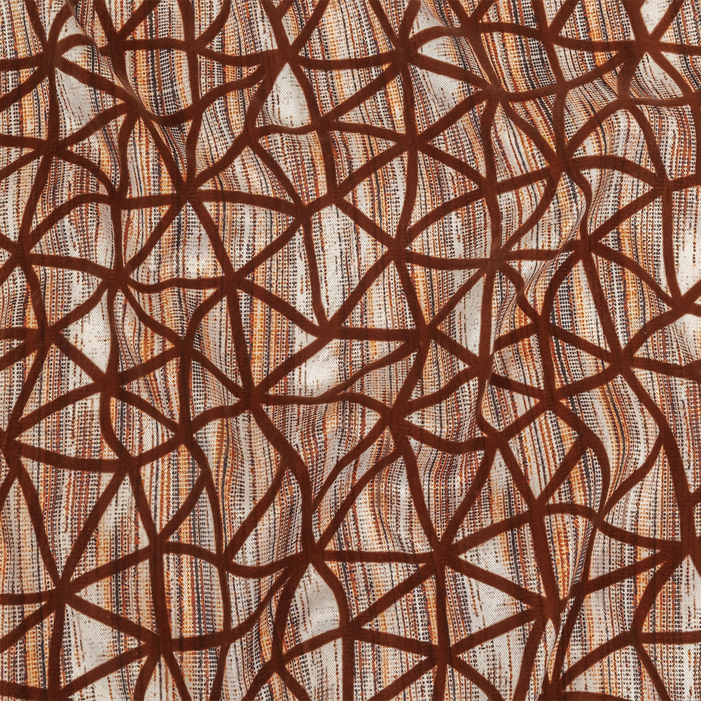 Brown Flocked Geometric Web on Brown, Orange and White Distressed Stripes Stretch Cotton Twill