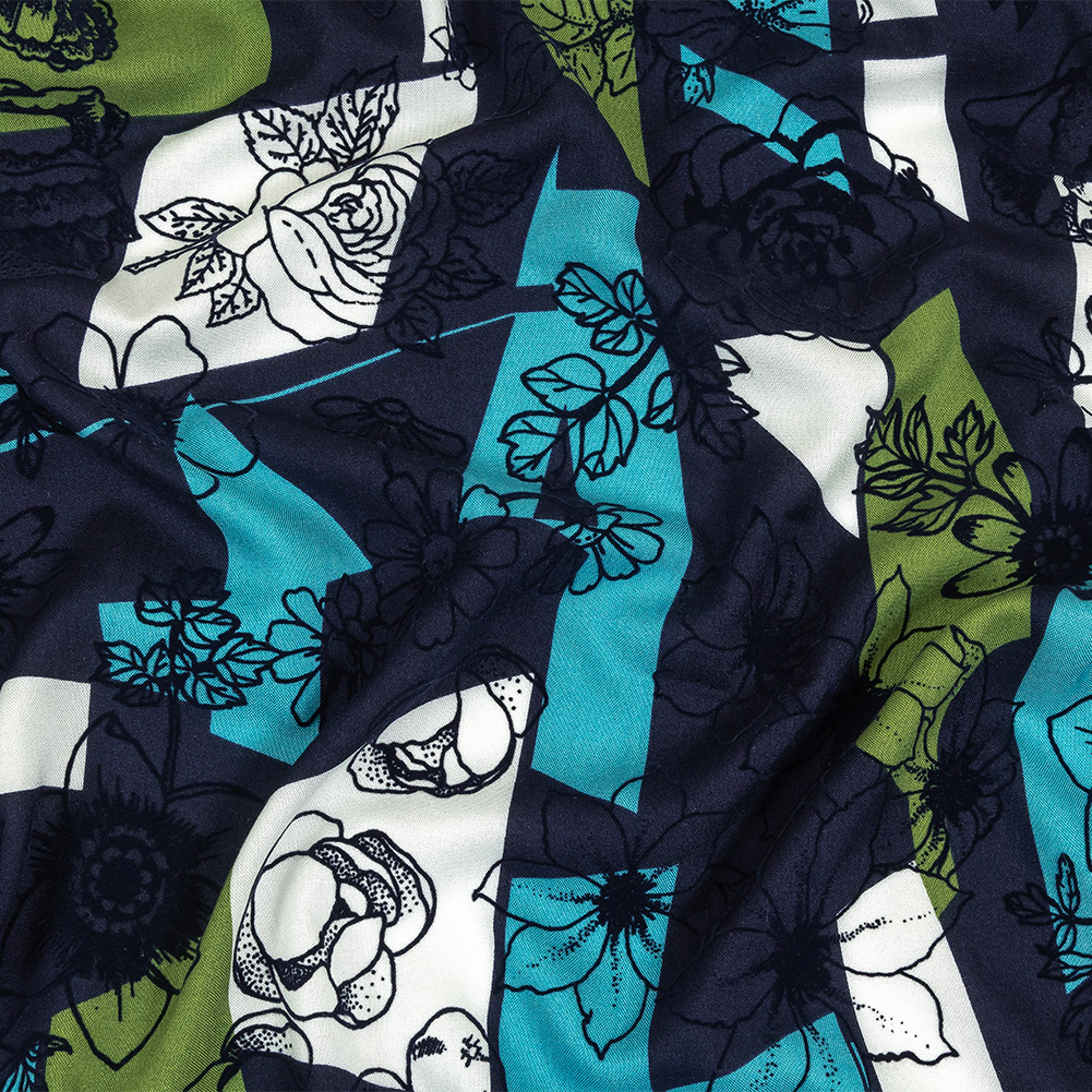 Turquoise, Lime and Navy Flocked Flowers on Geometric Printed Viscose Woven