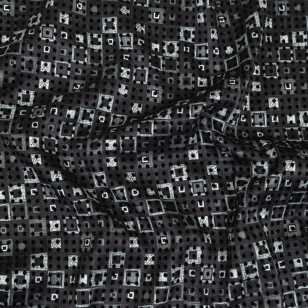 Black Flocked Polka Dots on Gray, Pirate Black and White Squares Stretch Cotton Twill