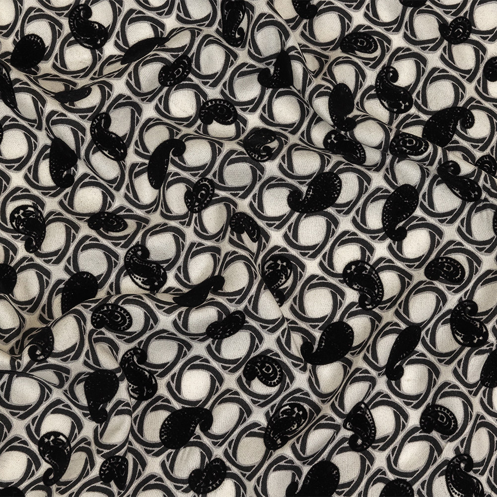 Black and White Flocked Paisley on Twisted Squares Printed Viscose Woven