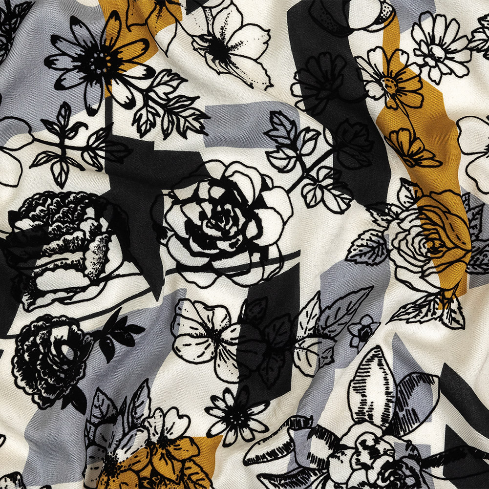 Black, Gray and Harvest Gold Flocked Flowers on Geometric Printed Viscose Woven