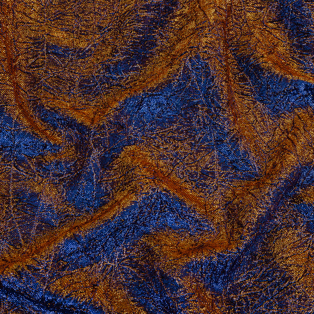 Metallic Copper and Royal Blue Crinkled Luxury Brocade with Black Backing