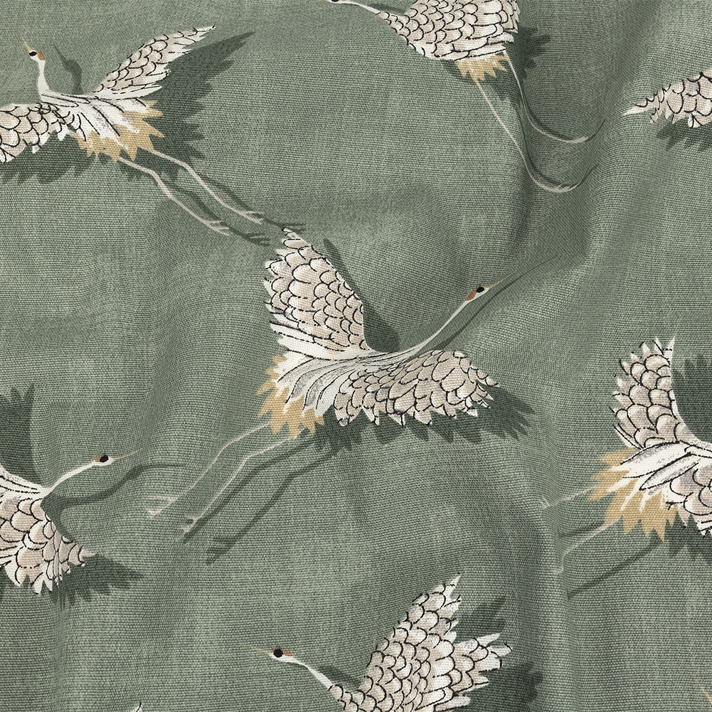 British Imported Olive Cranes Printed Cotton Canvas