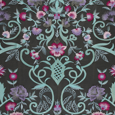 Metallic Aqua and Fuchsia Floral Embroidered Tulle Panel | Mood Fabrics