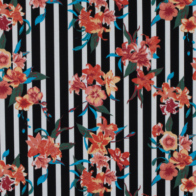Black/Multicolored Striped Floral Cotton Poplin | Mood Fabrics