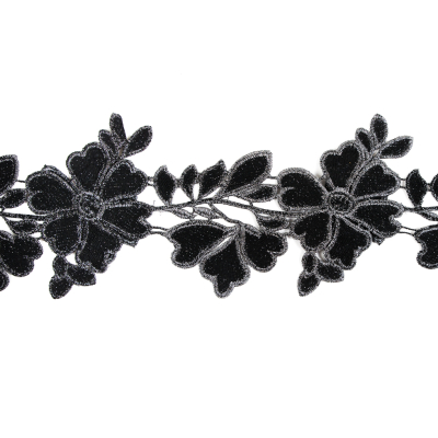 3D Metallic Gunmetal Floral Lace Trim - 5