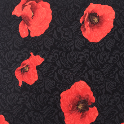 Black/Red Digitally Printed Floral on a Butterfly Jacquard | Mood Fabrics