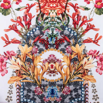 Digitally Printed Gems and Flowers on a Premium Mikado/Twill | Mood Fabrics