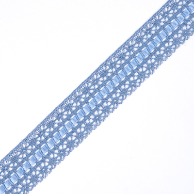 European Light Blue Scalloped Crochet Trim with Ribbon Detail - 1.5