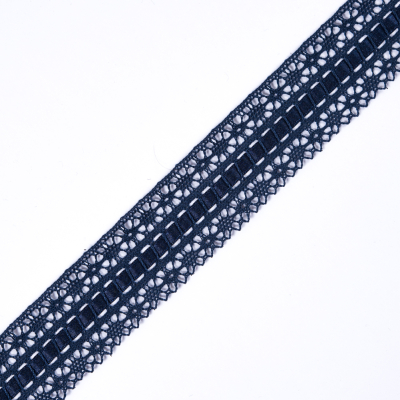European Navy Scalloped Crochet Trim with Ribbon Detail - 1.5