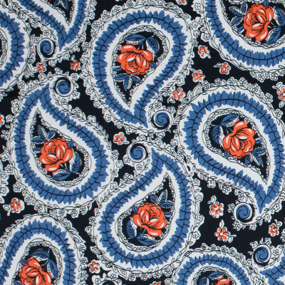 Blue Graphite, Dutch Blue and Vermillion Orange Paisley Stretch Cotton Sateen | Mood Fabrics