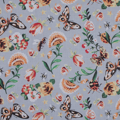 Gray Floral and Bee Printed Cotton Voile | Mood Fabrics