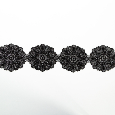 Italian Metallic Silver and Black Embroidered Medallion Lace Trimming - 4