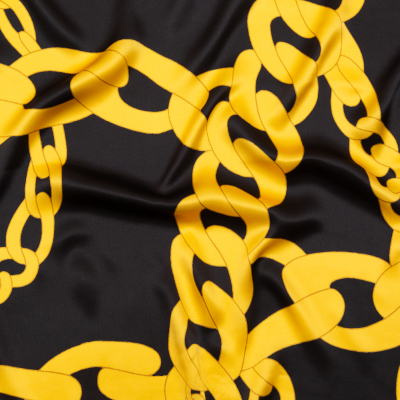 Mood Exclusive Italian Black and Gold Large Chains Digitally Printed Silk Charmeuse | Mood Fabrics