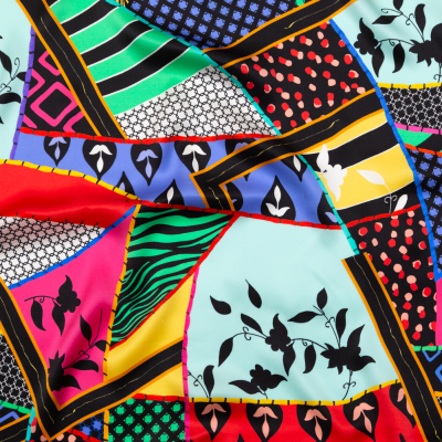 Mood Exclusive Italian Multicolor Patchwork Pattern Play Digitally Printed Silk Charmeuse | Mood Fabrics