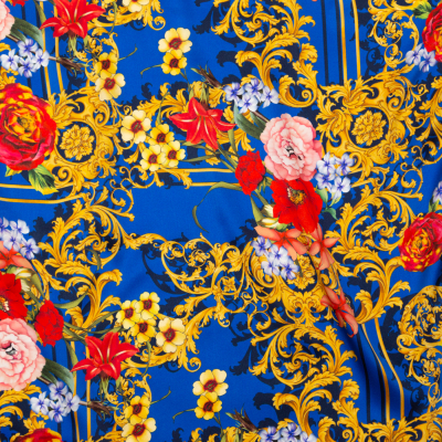 Mood Exclusive Italian Blue, Red and Gold Ornate Floral Digitally Printed Silk Charmeuse | Mood Fabrics