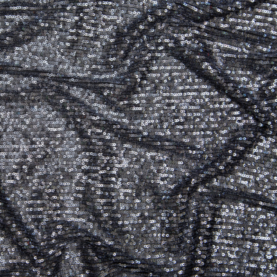 Silver Striped Baby Sequins on Black Stretch Mesh | Mood Fabrics