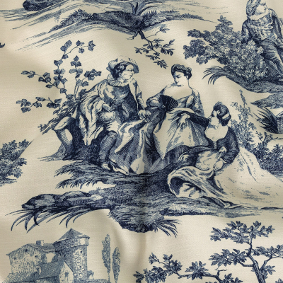 Victoria Sapphire Blue Toile Printed Cotton Canvas | Mood Fabrics