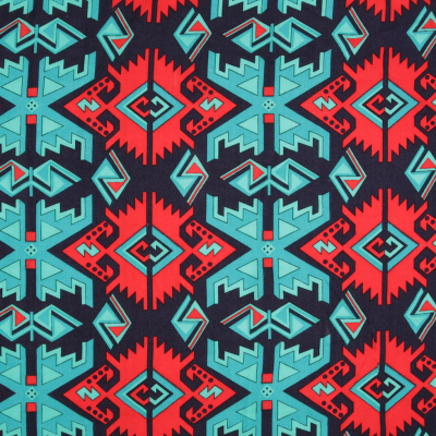 Veridian Green/Red Geometric Rayon Woven | Mood Fabrics