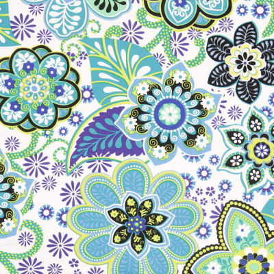 Blue/Green/White Floral Stretch Cotton Sateen | Mood Fabrics