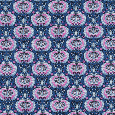 True Blue and Phlox Pink Palmette Printed Stretch Cotton Twill | Mood Fabrics