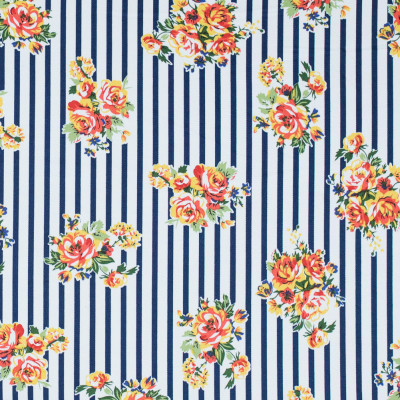 Twilight Blue, Tigerlily and Freesia Floral Striped Stretch Cotton Twill | Mood Fabrics