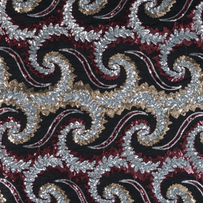 Red, Silver and Gold Paisley Sequined Netting in Black | Mood Fabrics