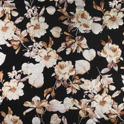 Black Ponte Knit with Brown Floral Foil Design | Mood Fabrics