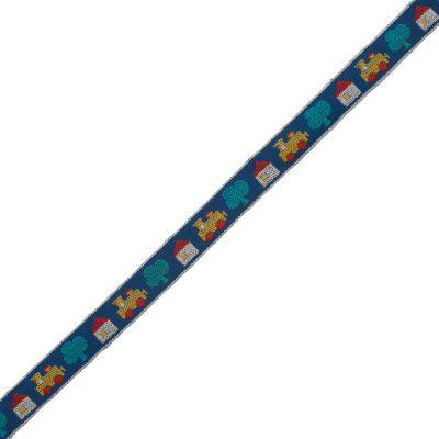 Blue and Yellow Train, House and Tree German Jacquard Ribbon - 0.625