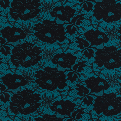 Milly Teal and Black Lace Printed Silk and Wool Twill | Mood Fabrics