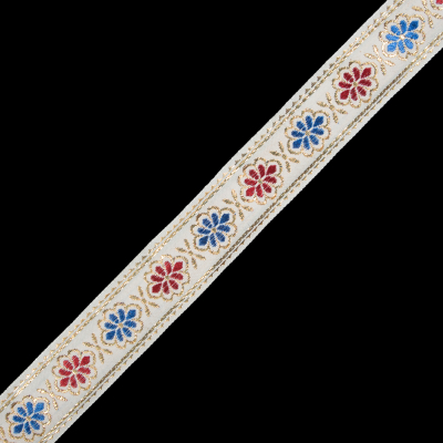 Metallic Gold, Blue and Red Floral Jacquard Ribbon - 1.25